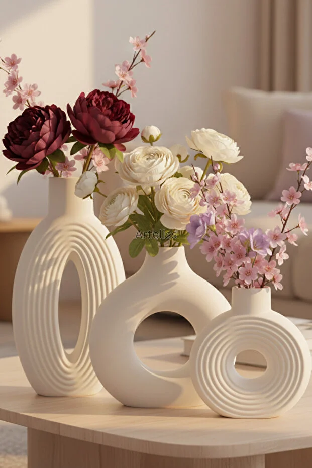 3’lü Büyük Vazo Seti – İskandinav Tarz Modern Dekoratif Salon Konsol Vazo Takımı